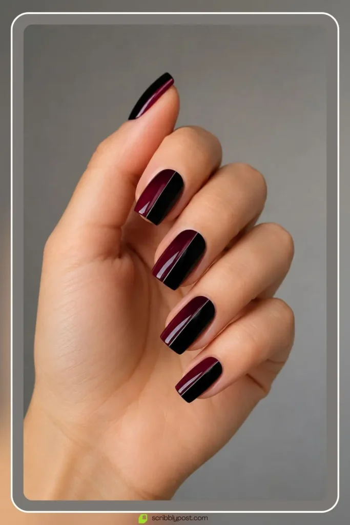 Burgundy and black nails with half and half split design on square shape
