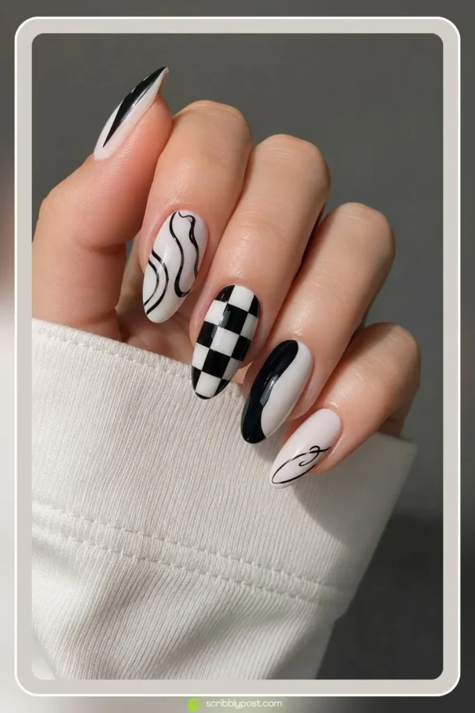 Black and white nails with graphic line art design