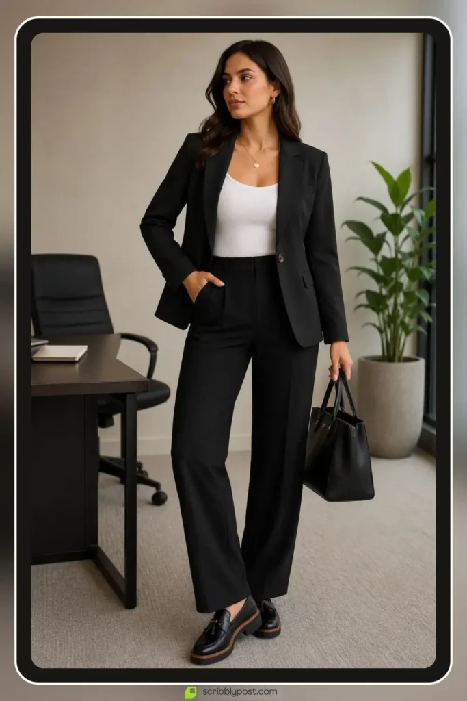 Business casual blazer and tailored trouser outfit for the office