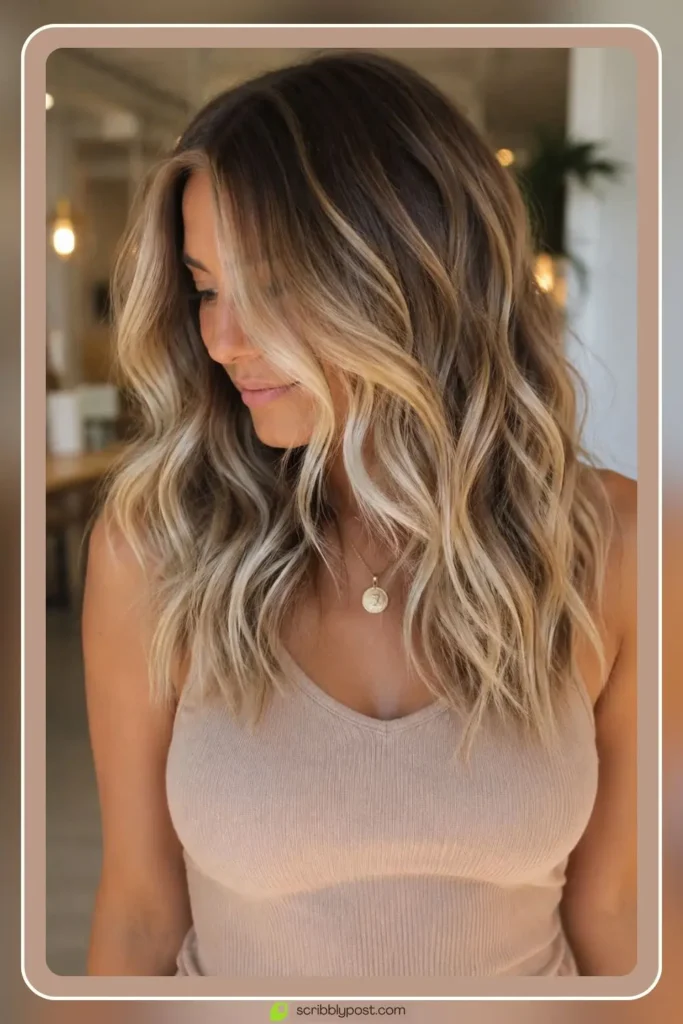 Blonde balayage waves with hand painted highlights