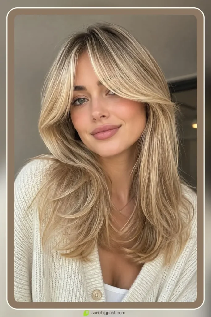 Blonde hair styles with bangs in soft curtain fringe