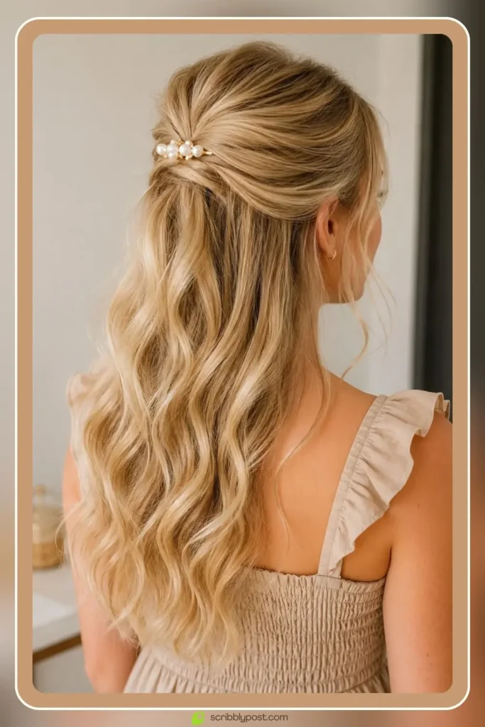 Blonde half up hairstyle with crown volume and loose lengths
