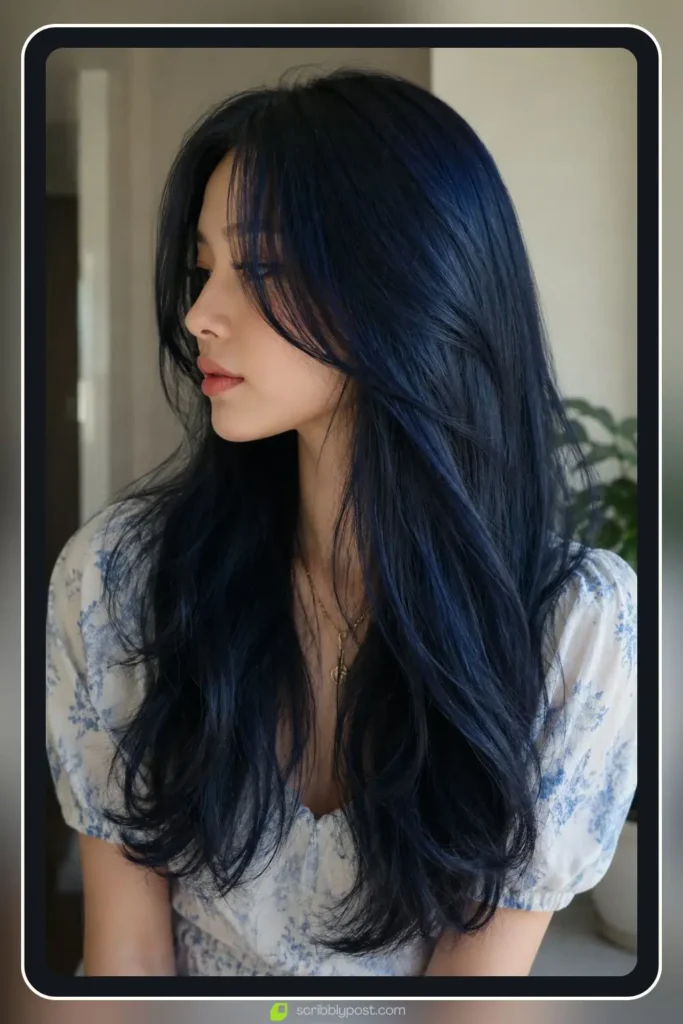 Blue black hair tint with ink shine on dark hair