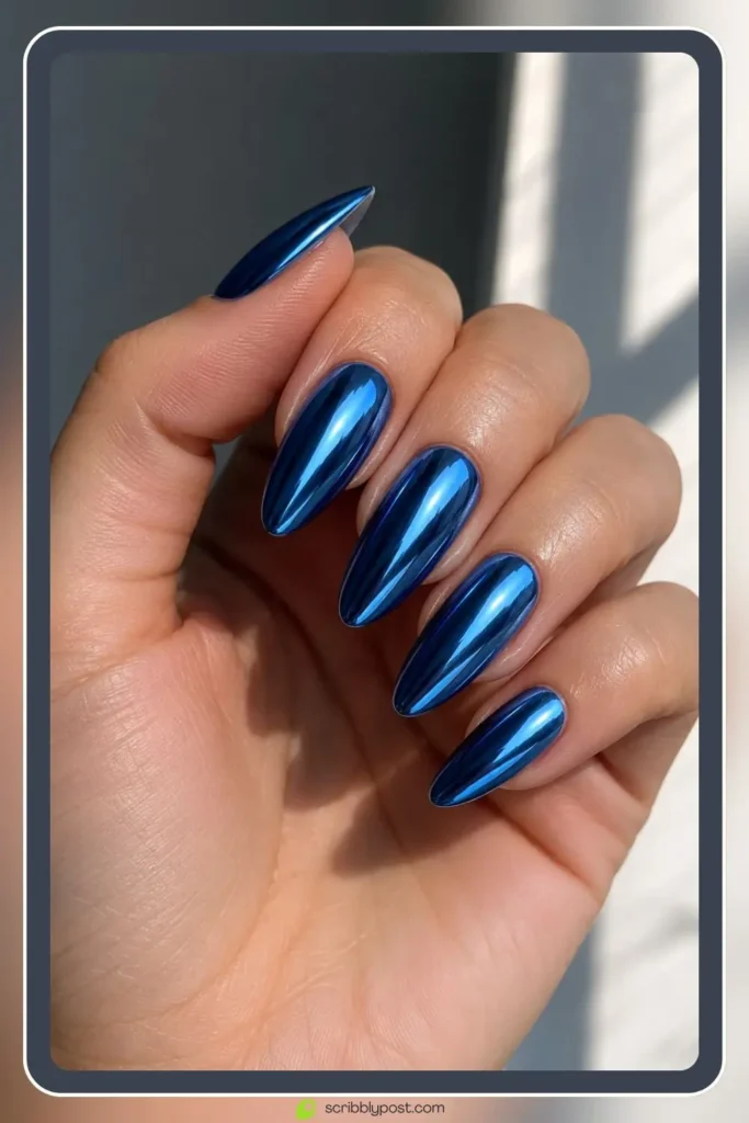 Blue chrome nails with metallic mirror shine