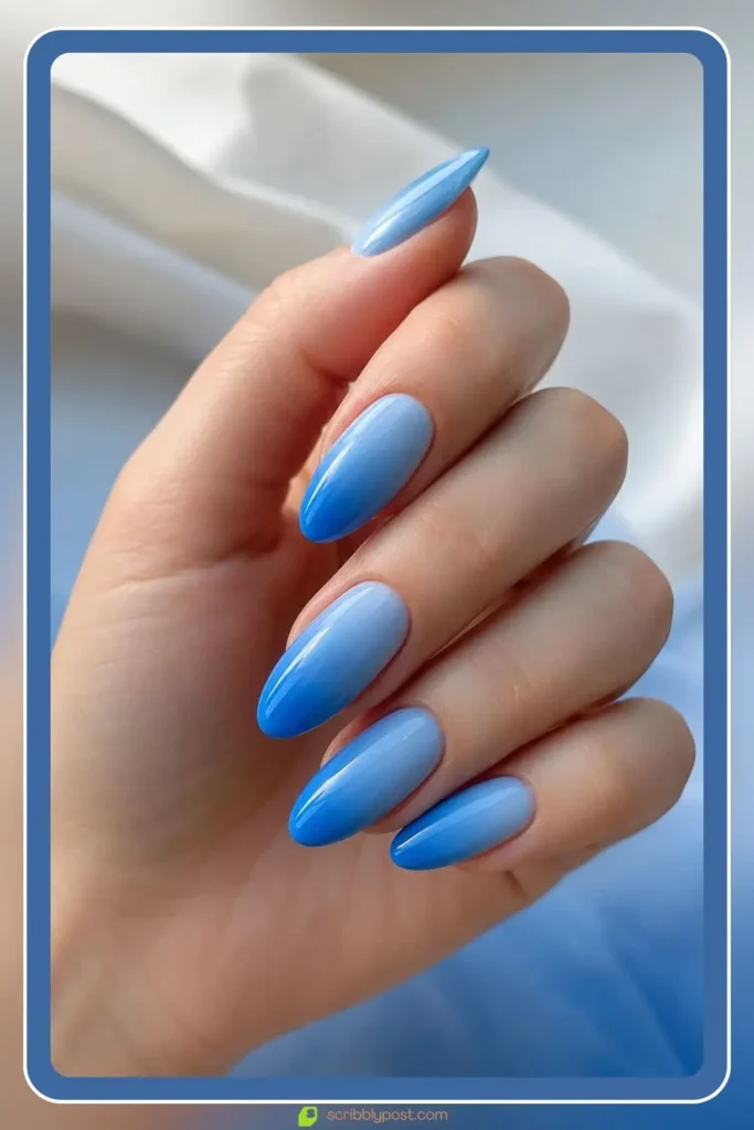 Sky blue to deep ocean blue gradient blue ombre nails for summer