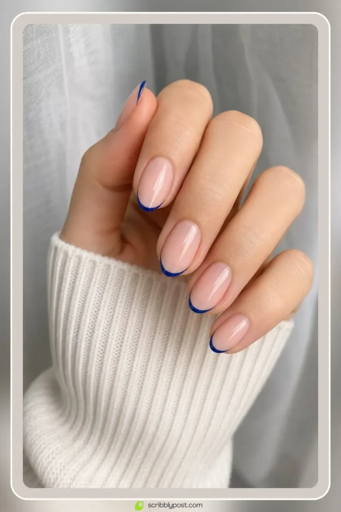 Blue tip nails with thin micro line on natural nails