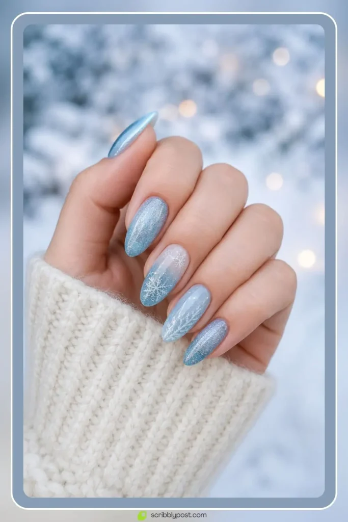 Blue winter nails with icy shimmer and frost details
