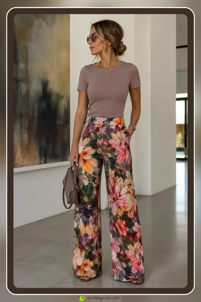 Blurred digital floral print trousers modern elevated outfit