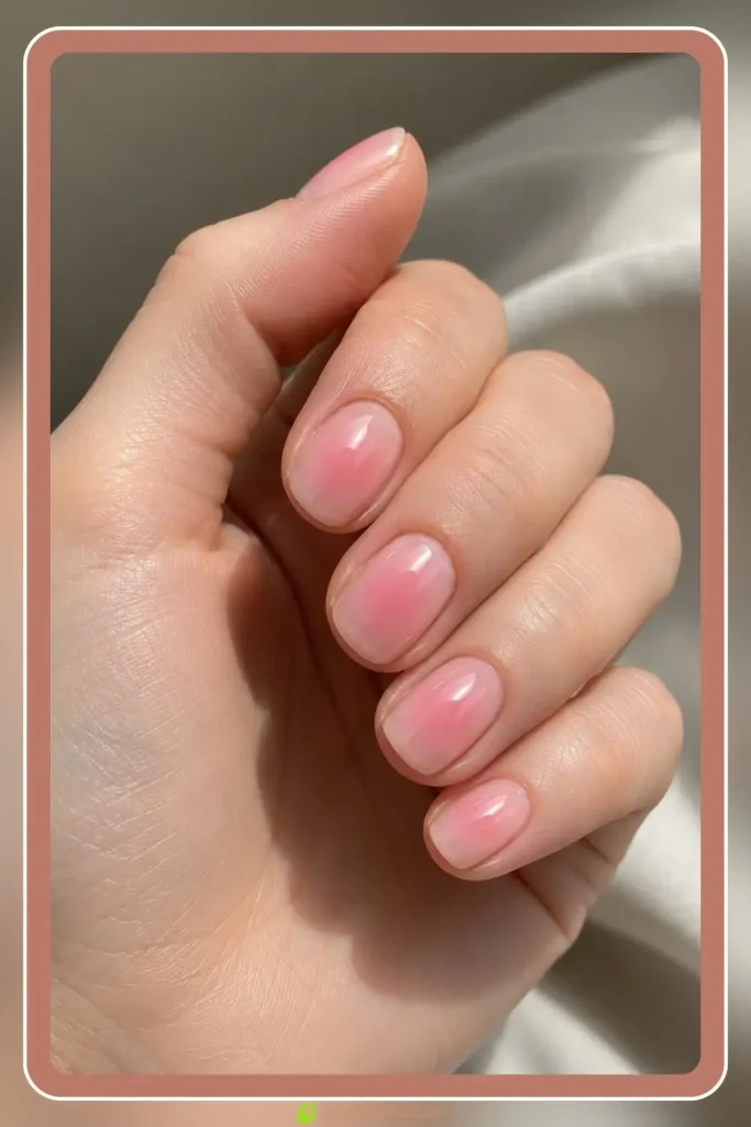 Subtle blush aura on short natural nails with clean glossy finish