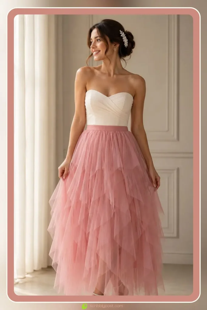 blush tulle midi dress for a romantic engagement party look