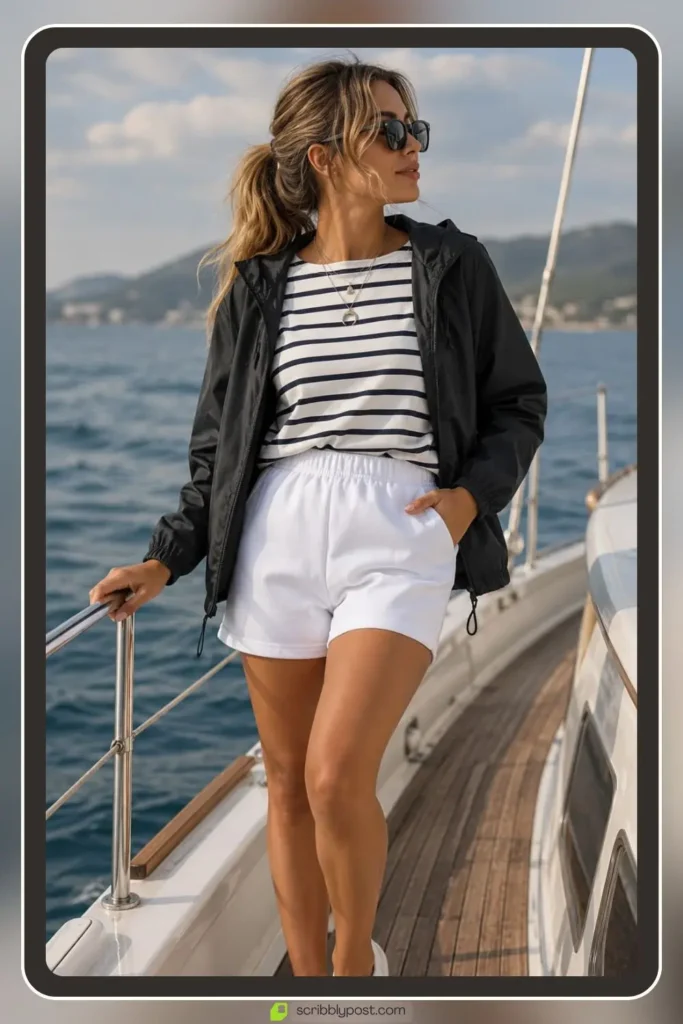Boat day vacation outfit with striped top and white shorts