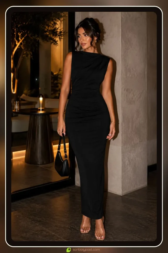 Ruched bodycon maxi dress in evening silhouette