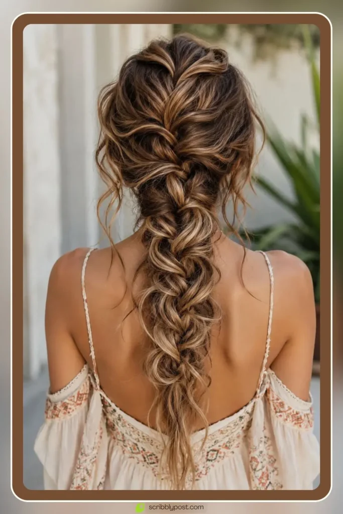 Bohemian messy waterfall braid with pulled loose texture