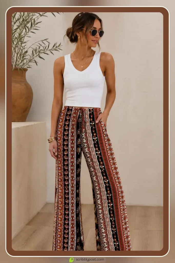 Boho print palazzo pants with simple tank casual outfit