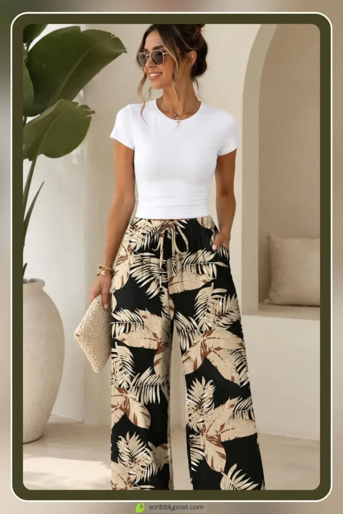 Bold tropical print wide leg pants with simple white top