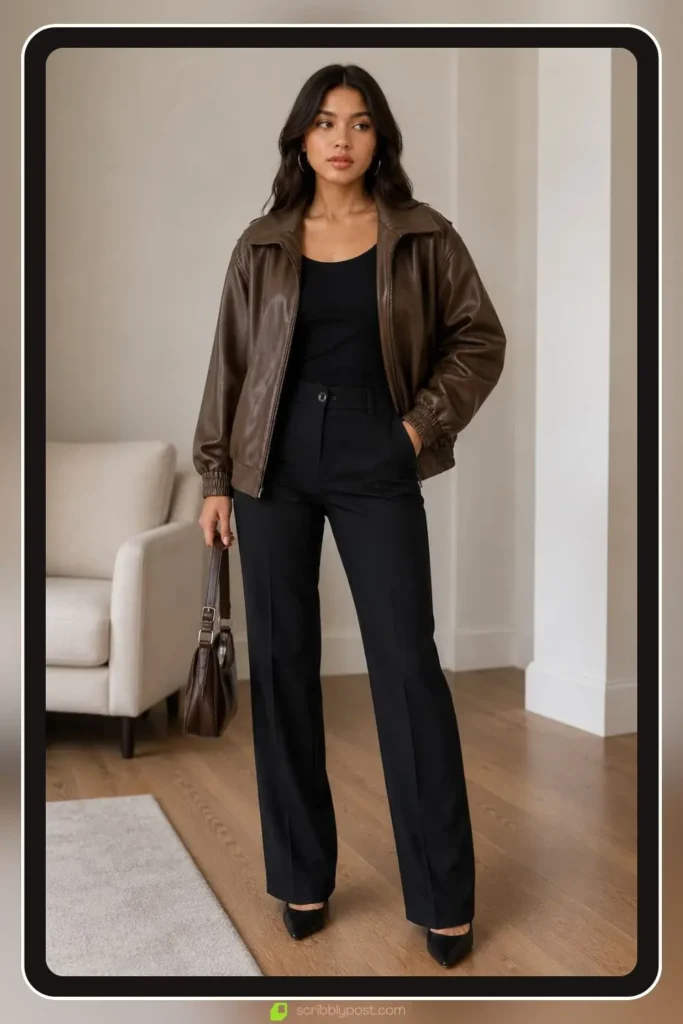 Bomber jacket outfit with satin brown bomber over tailored straight trousers and white leather sneakers