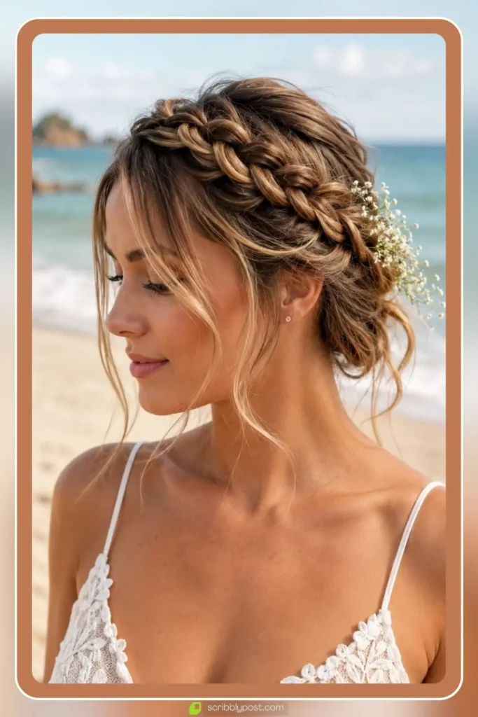Braided crown hairstyle with floral pins and face-framing pieces for a beach wedding