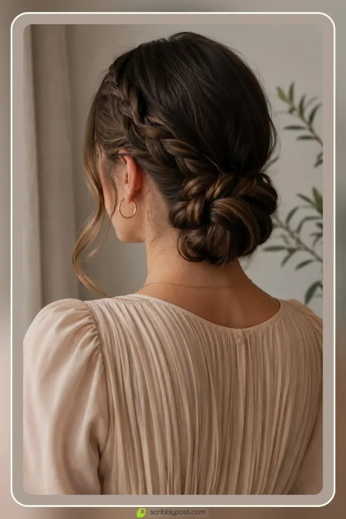 Braided low bun hairstyle at the nape with woven texture