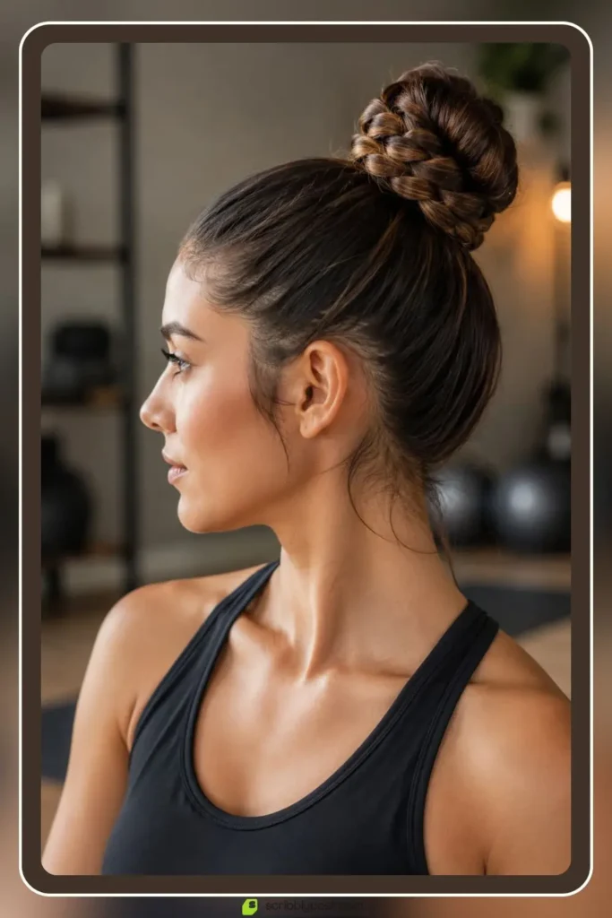 High bun wrapped in a braided section, Braided Top Knot, sporty hairstyle for yoga and pilates