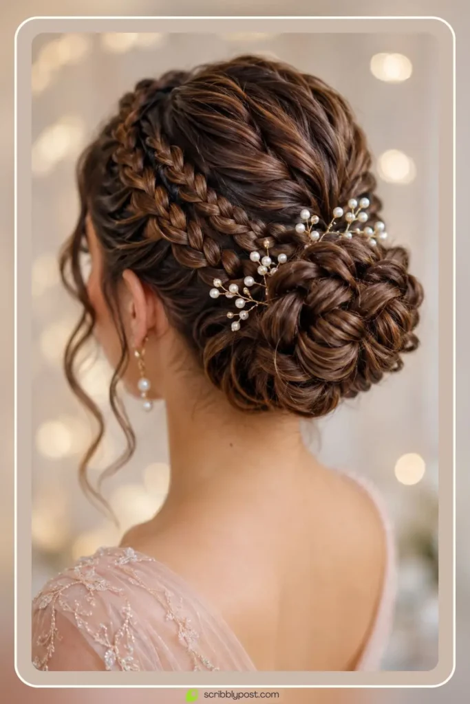 Braided wedding bun hairstyle with pearl pin accents