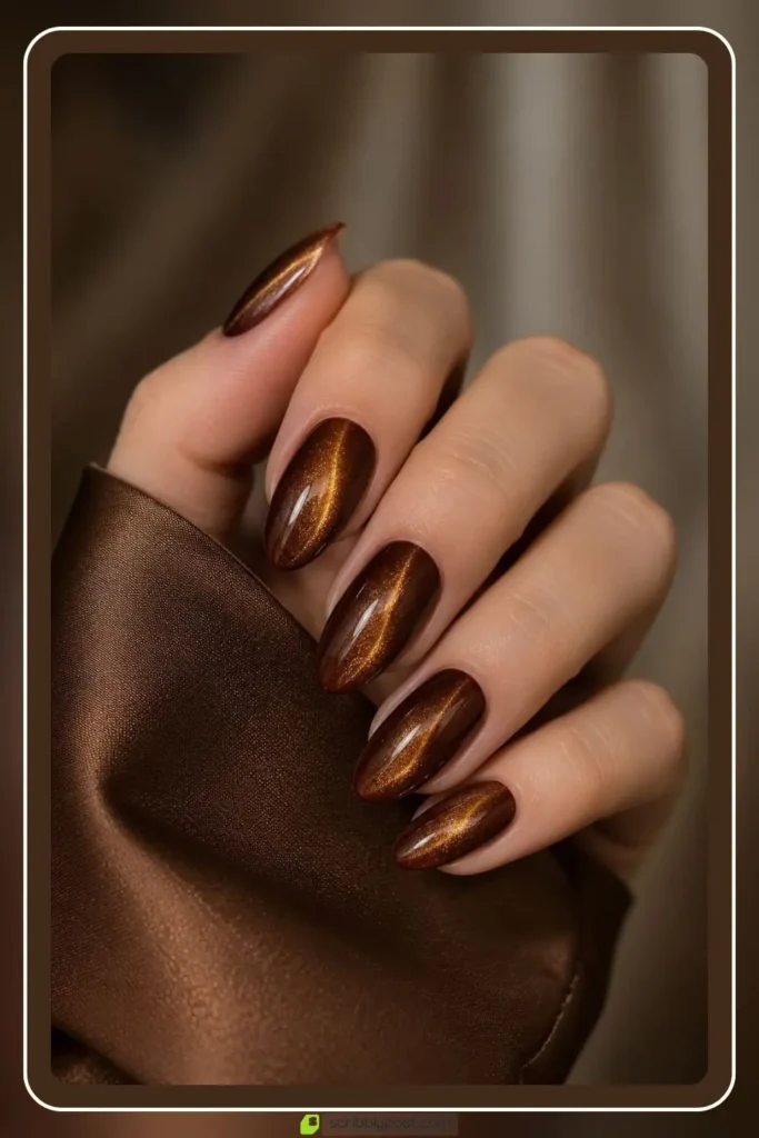 Brown cat eye nails with golden shimmer band