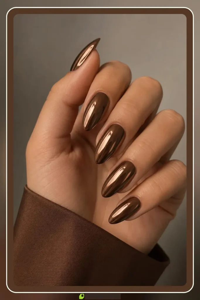 Brown chrome nails with bronze mirror shine