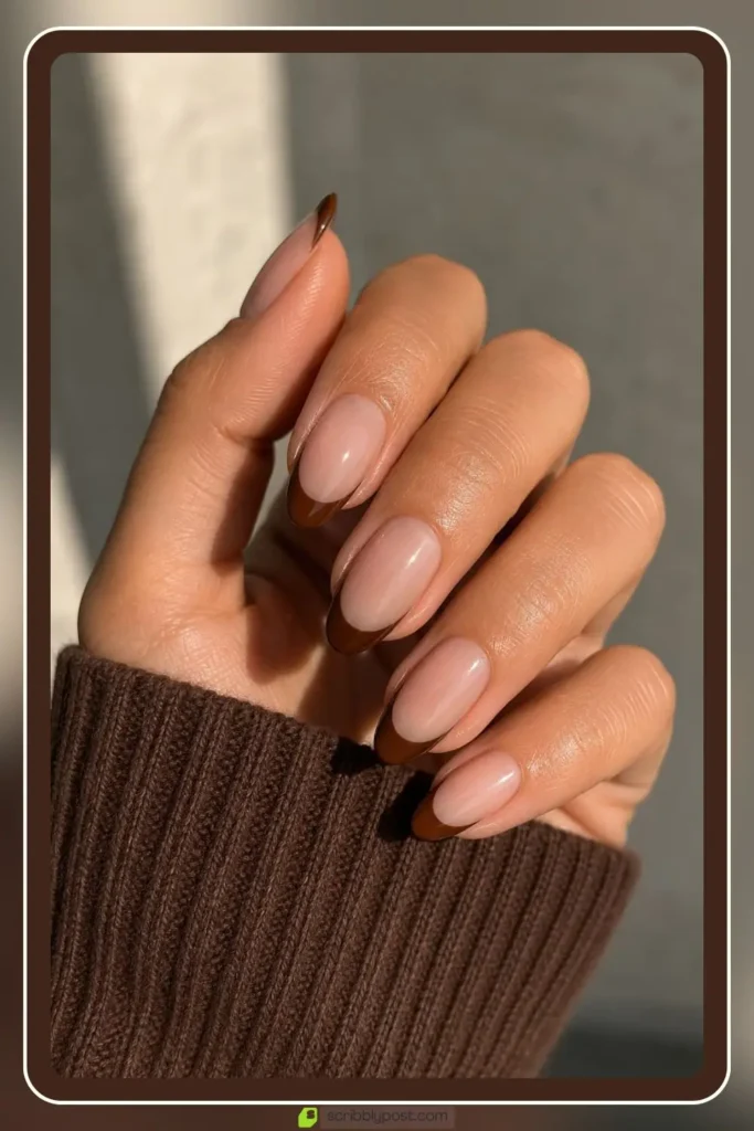 Brown french tip nails with cocoa tips on nude base