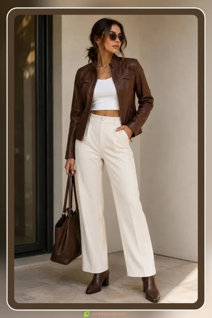 Brown leather jacket outfit with cognac moto jacket over cream wide leg trousers and brown ankle boots