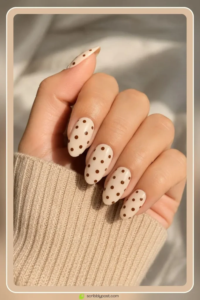 Brown polka dot nails with cocoa dots on cream base