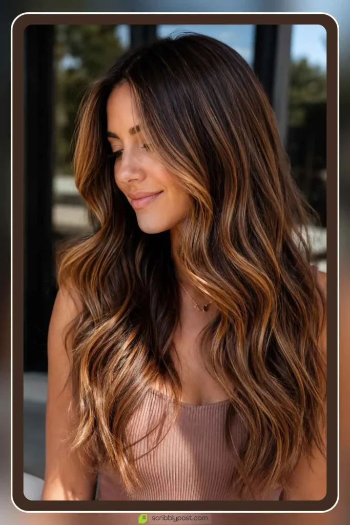 Brown sugar brunette hair color with warm caramel melted highlights