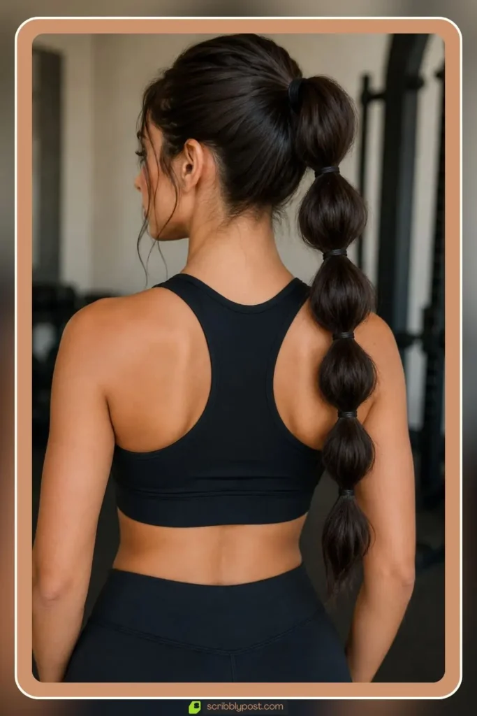 High ponytail sectioned into puffed bubbles with elastics, Bubble Braid Ponytail, beginner sporty hairstyle