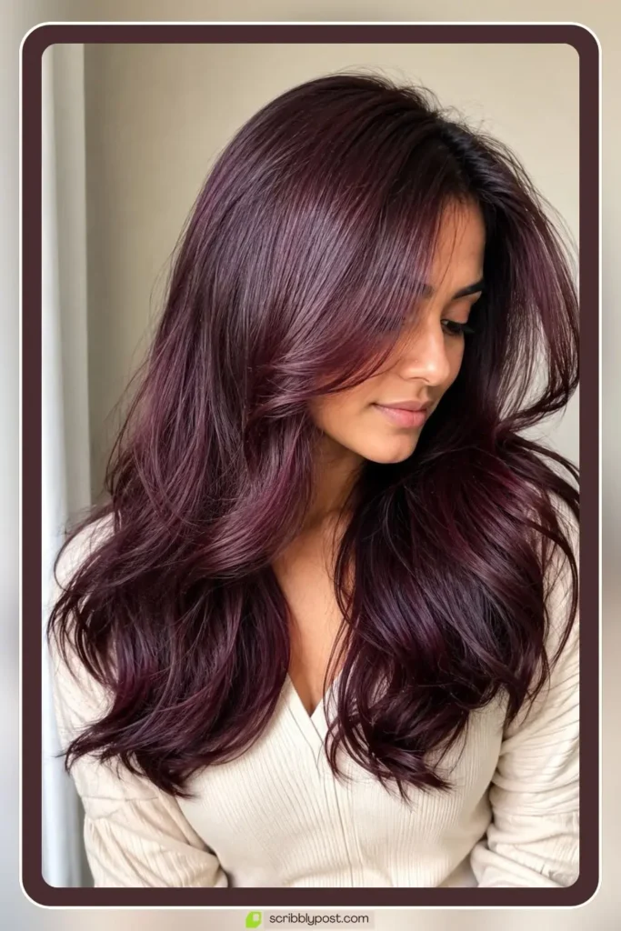 Burgundy plum hair tint with wine purple shine on dark hair