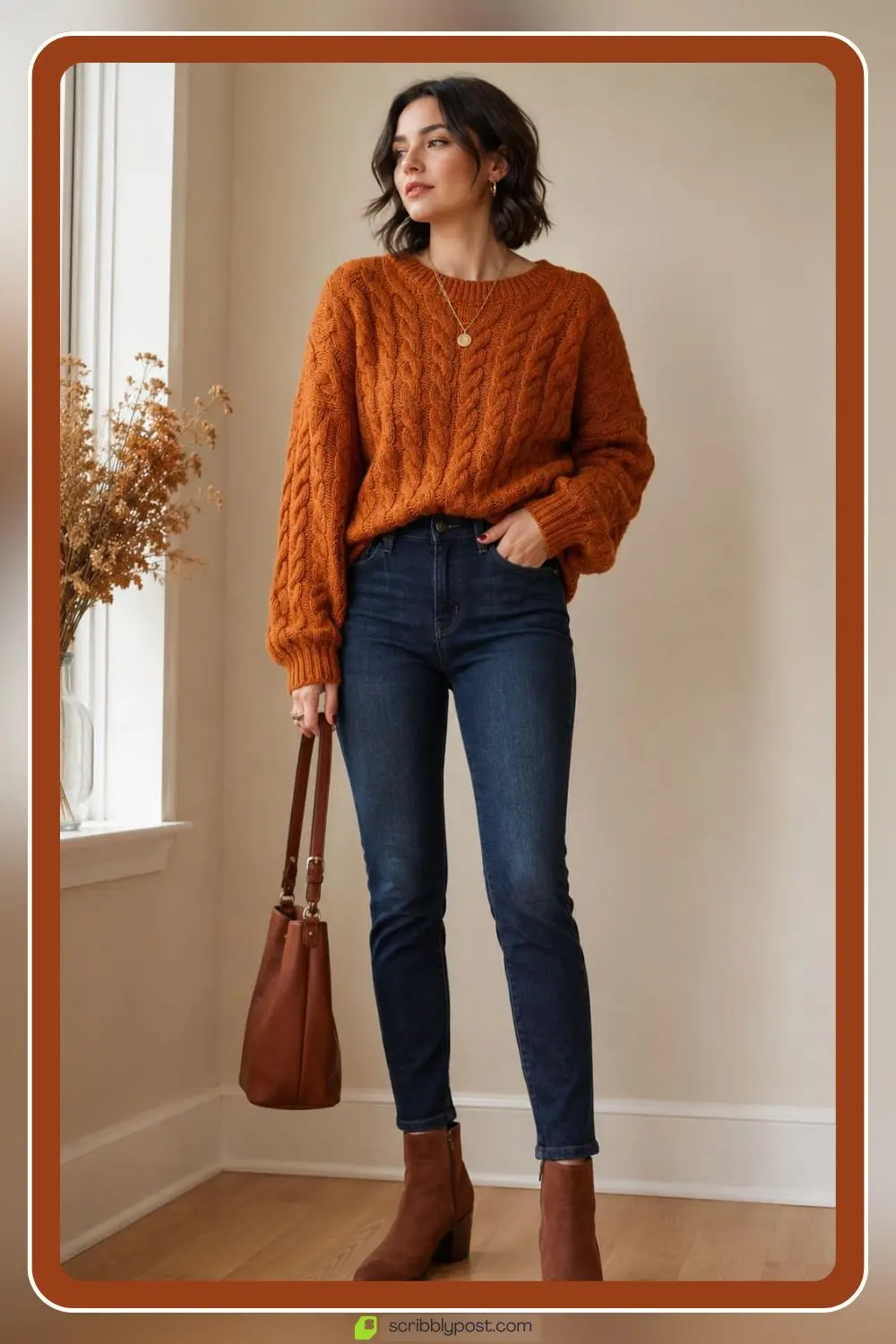 Burnt orange sweater outfit with fall layers