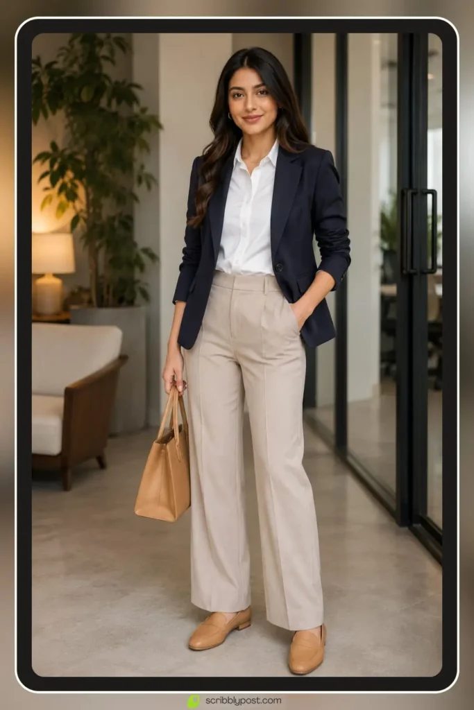 Business casual interview outfit with blazer and tailored trousers