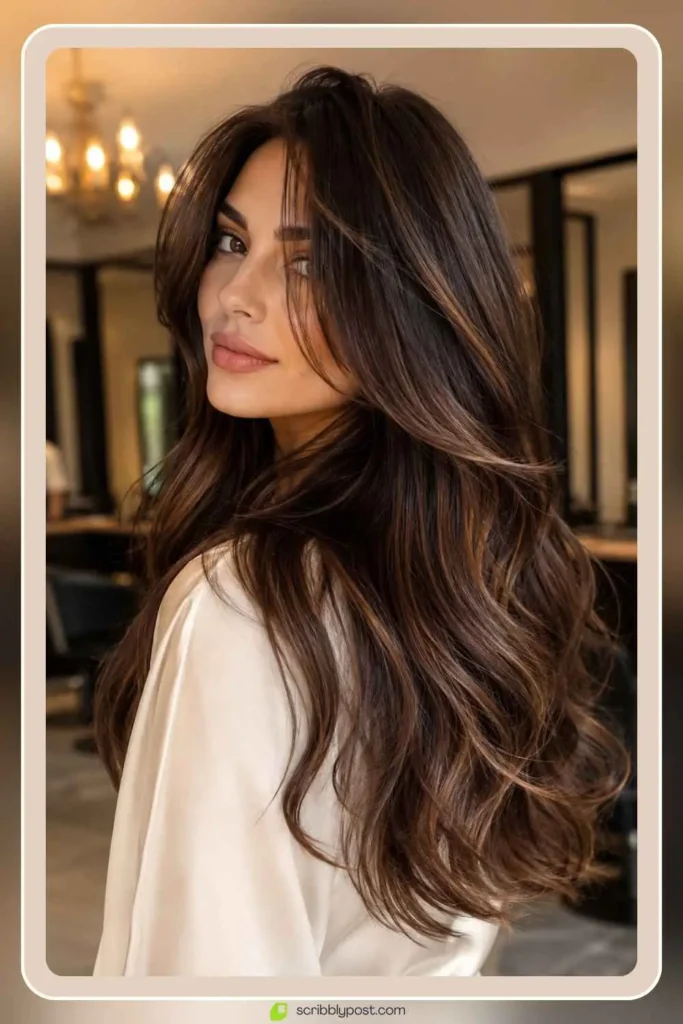 Candlelit brunette hair color with warm melted dimension on long hair
