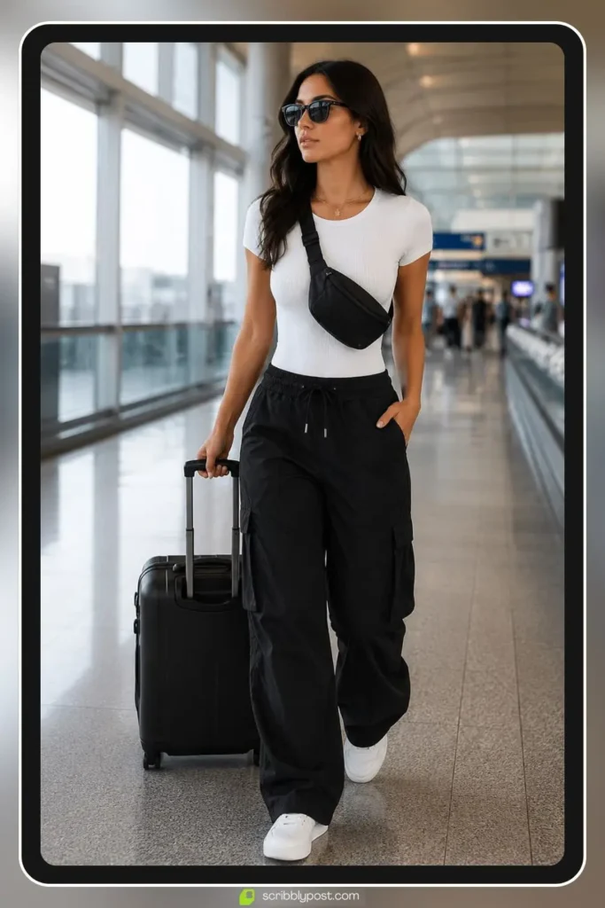 Soft utility cargo pants with a clean fitted bodysuit, Cargo Pants and Fitted Bodysuit, hands free travel outfit with pockets