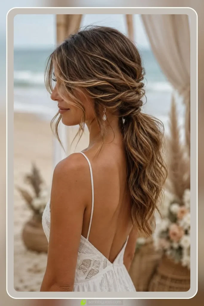 Casual beach wedding hairstyle with loose twisted ponytail and gold hair clip