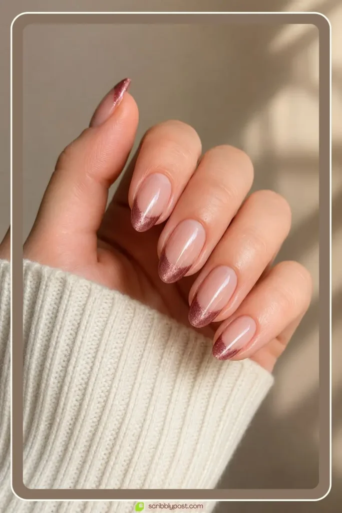Cat eye french tip nails with magnetic shimmer tips on nude base