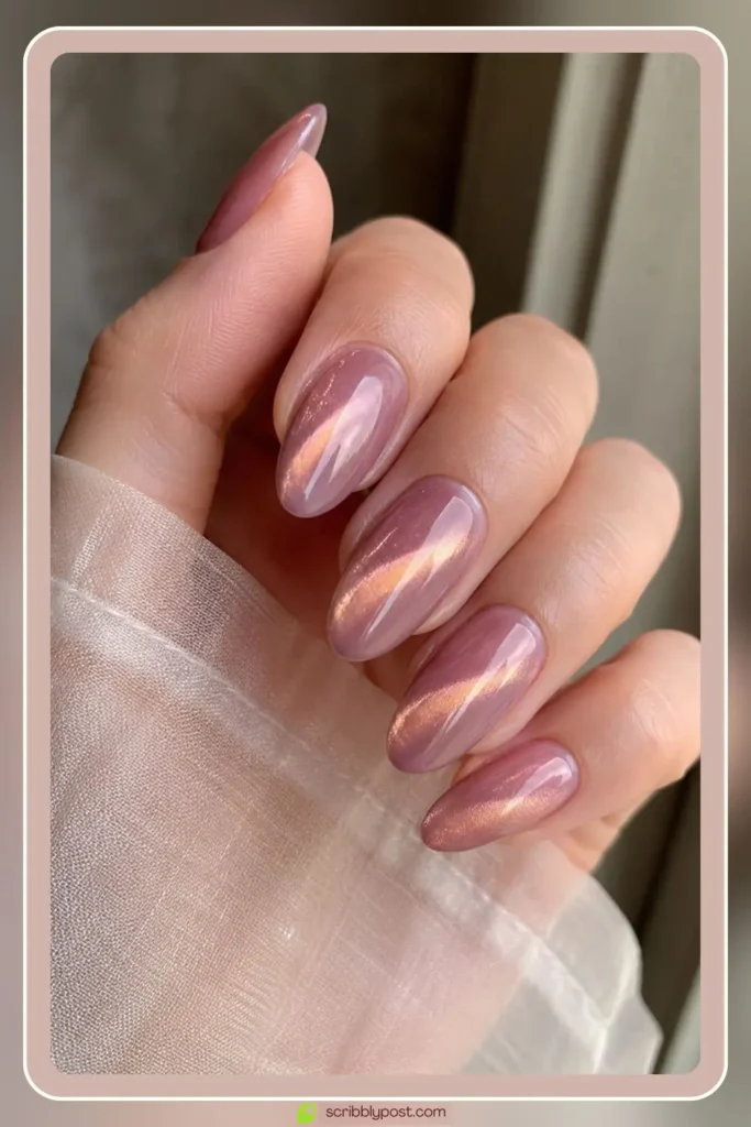 Cat eye jelly nails with shimmer band under translucent coat