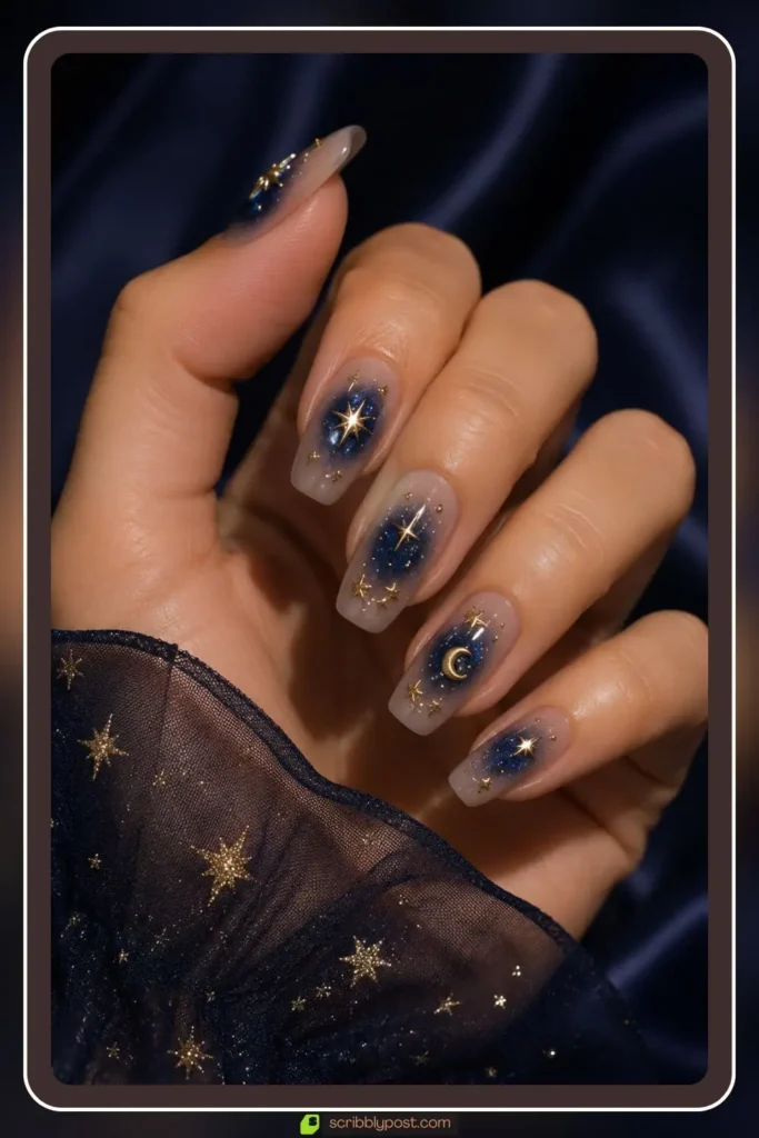 Navy aura nails with gold star charms and celestial accents