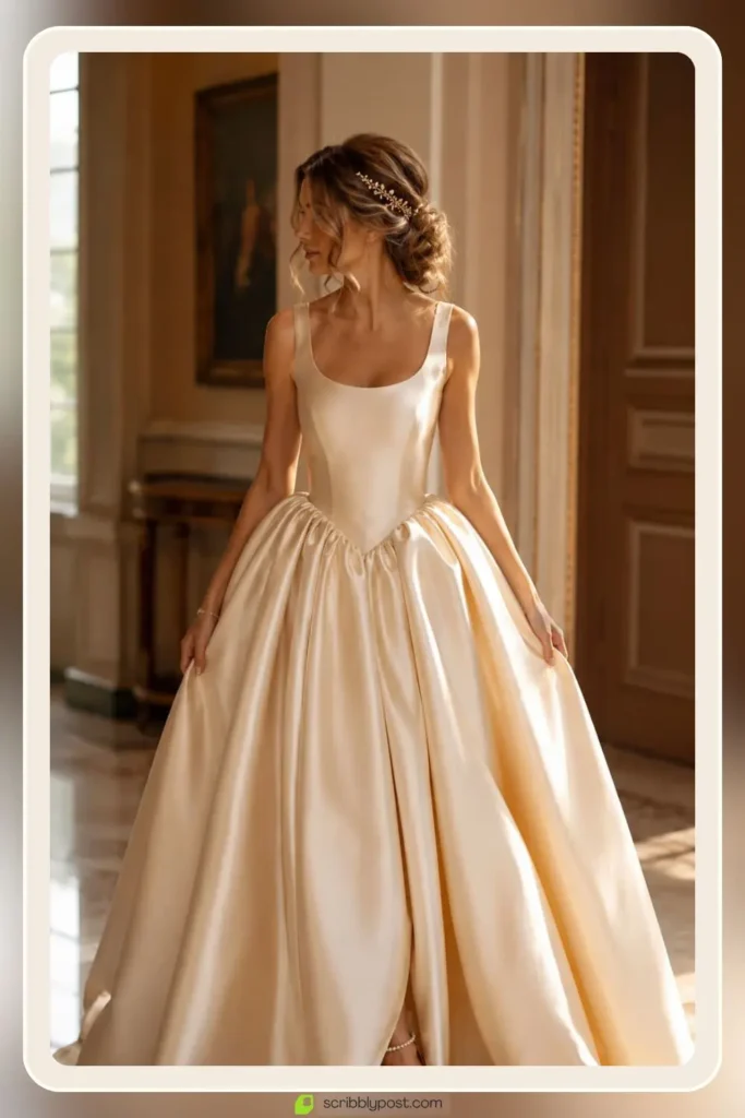 Champagne silk wedding dress in warm ivory alternative tone