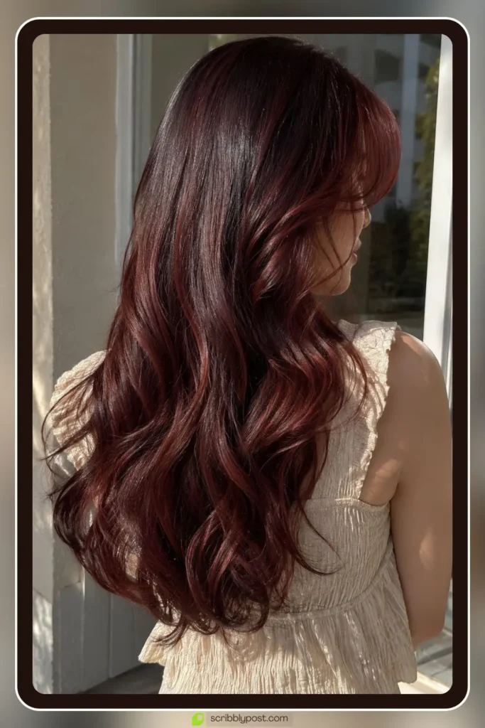 Cherry cola hair tint with red shine on dark brunette base
