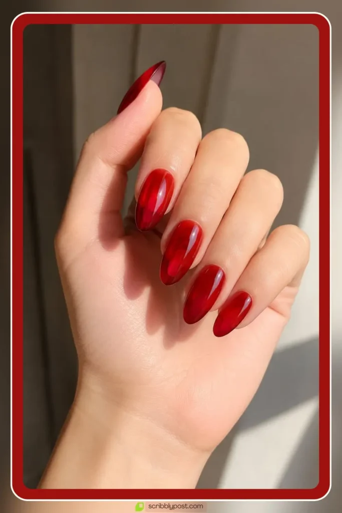 Cherry red jelly nails with transparent candy shine