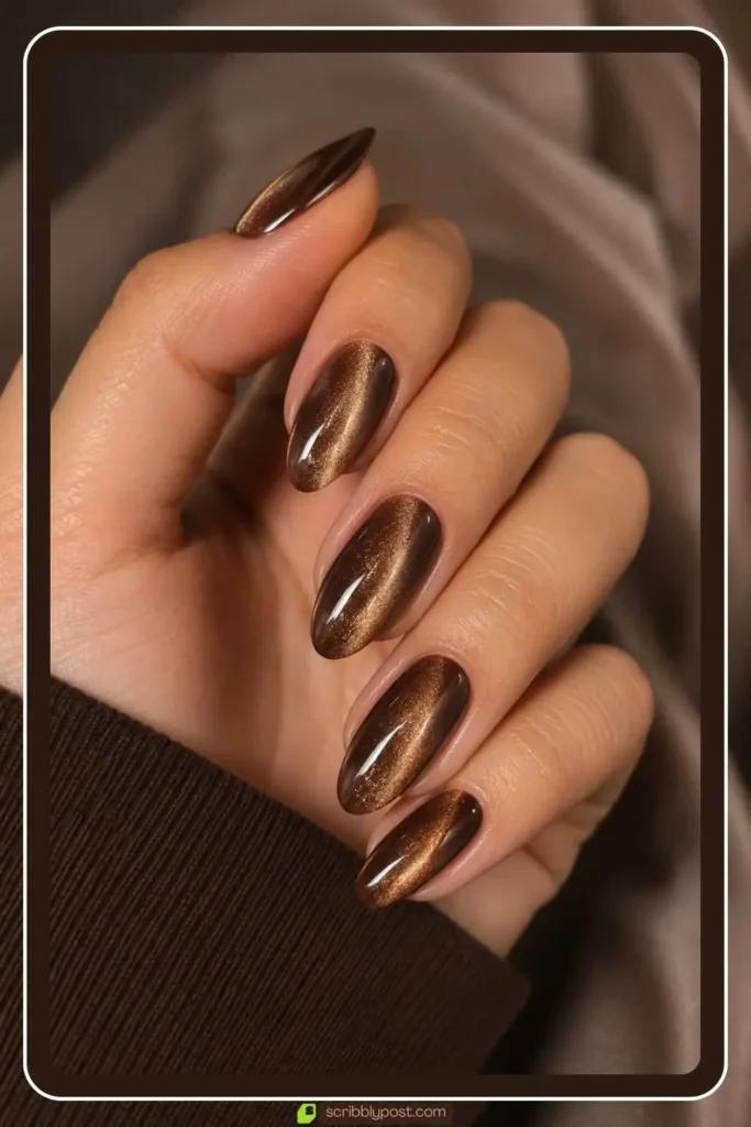 Chocolate brown cat eye nails with warm shimmer on almond shape