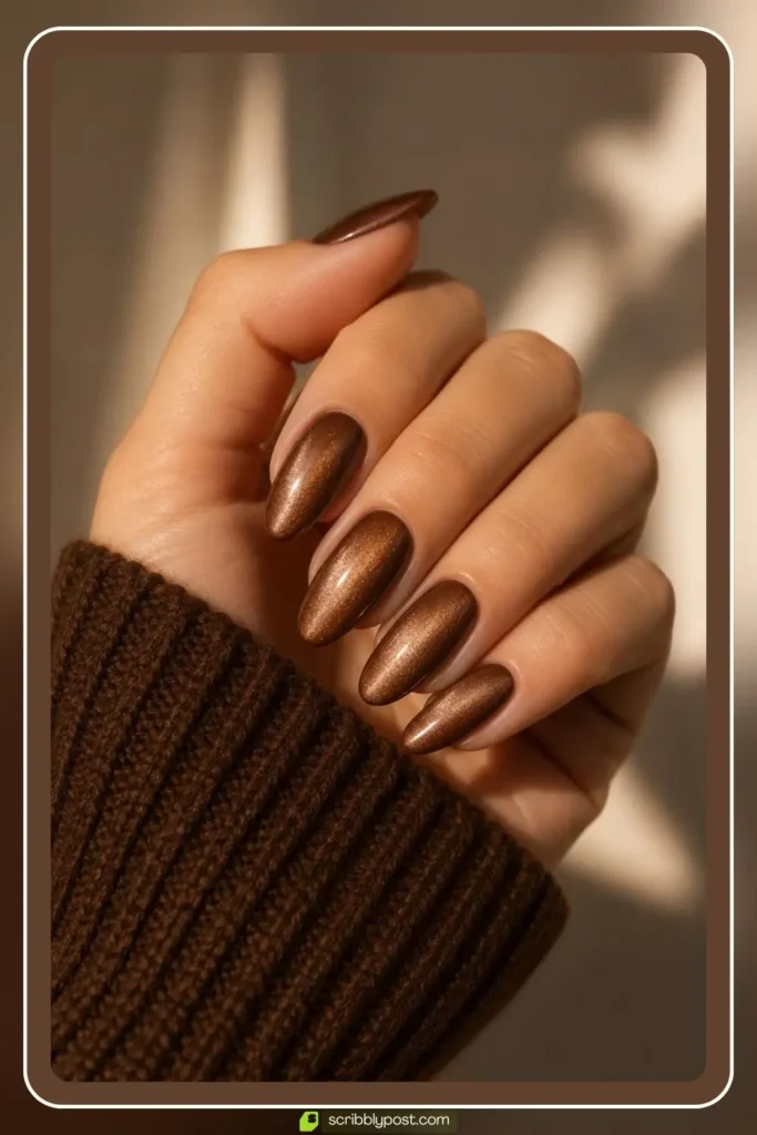 Chocolate velvet nails with warm mocha shimmer glow
