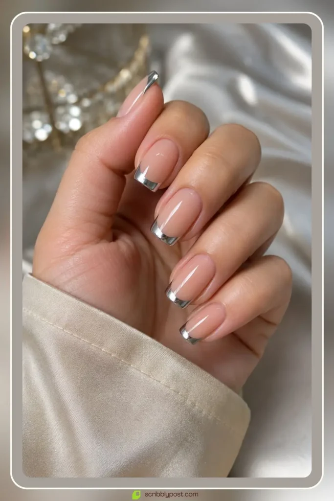Chrome french tip nails with silver tips on nude base