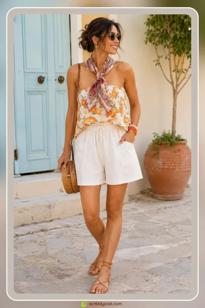 Citrus print outfit with orange fruit motifs