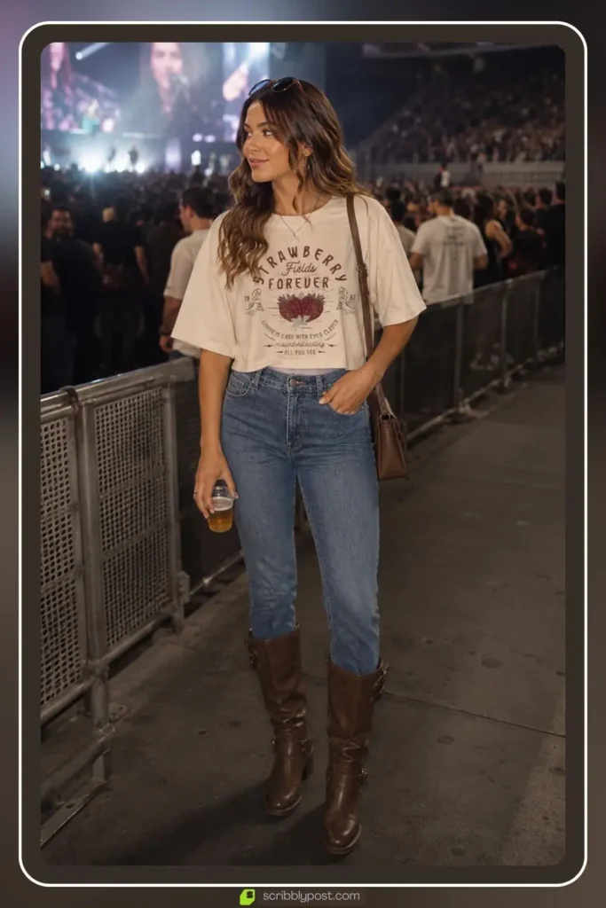 Classic concert outfit with graphic band tee, straight jeans, and chunky leather boots