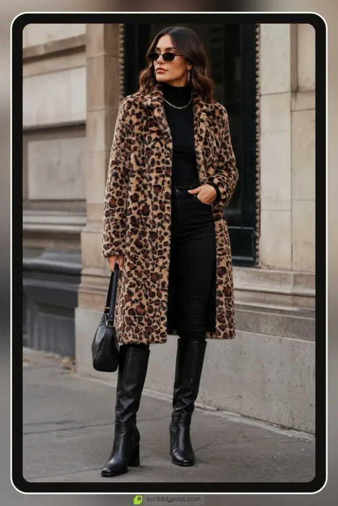 Classic leopard print coat over all black outfit