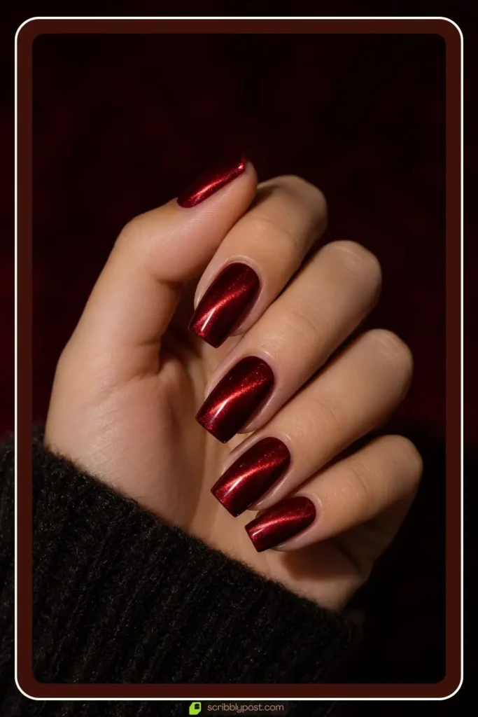 Red cat eye nails with diagonal magnetic stripe on square shape